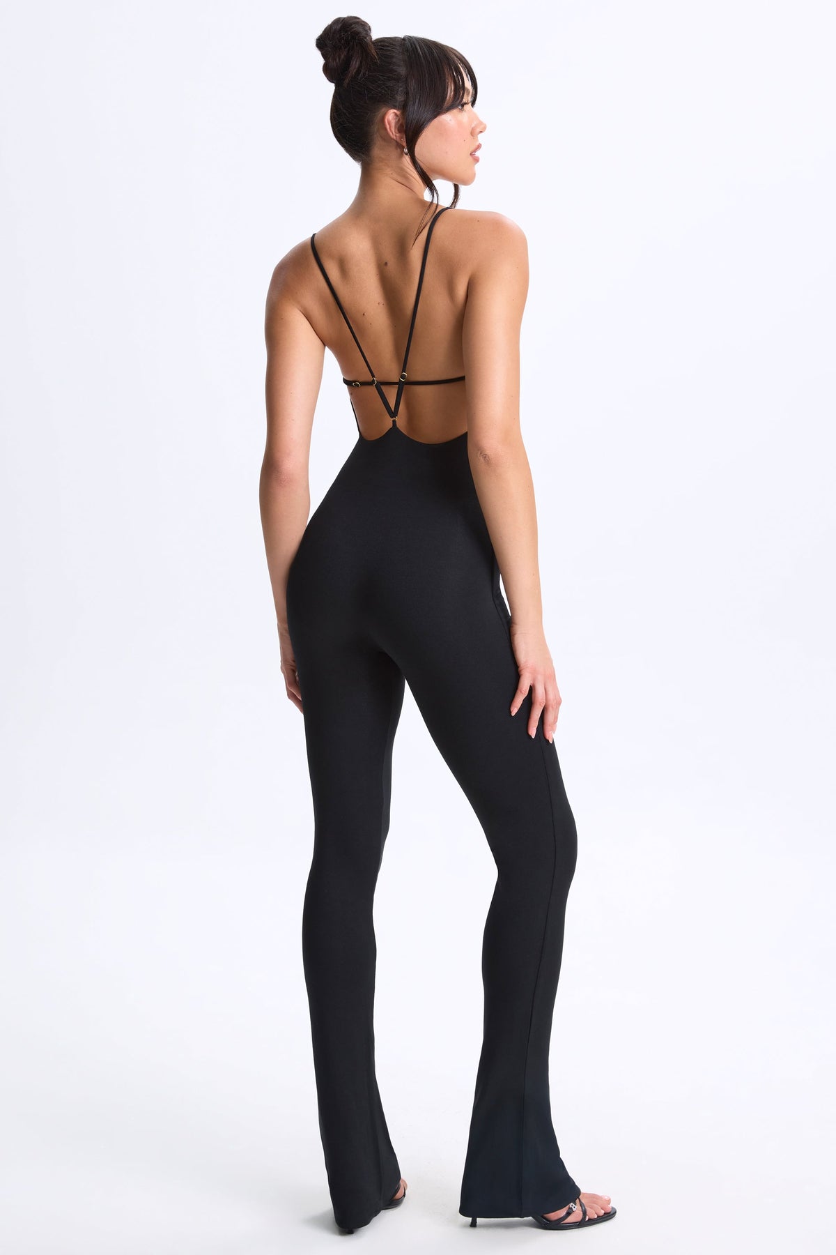 Chic Modal Plunge Open-Back Flared Jumpsuit in Black