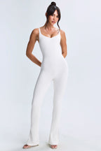 Chic Modal Plunge Open-Back Flared Jumpsuit in White