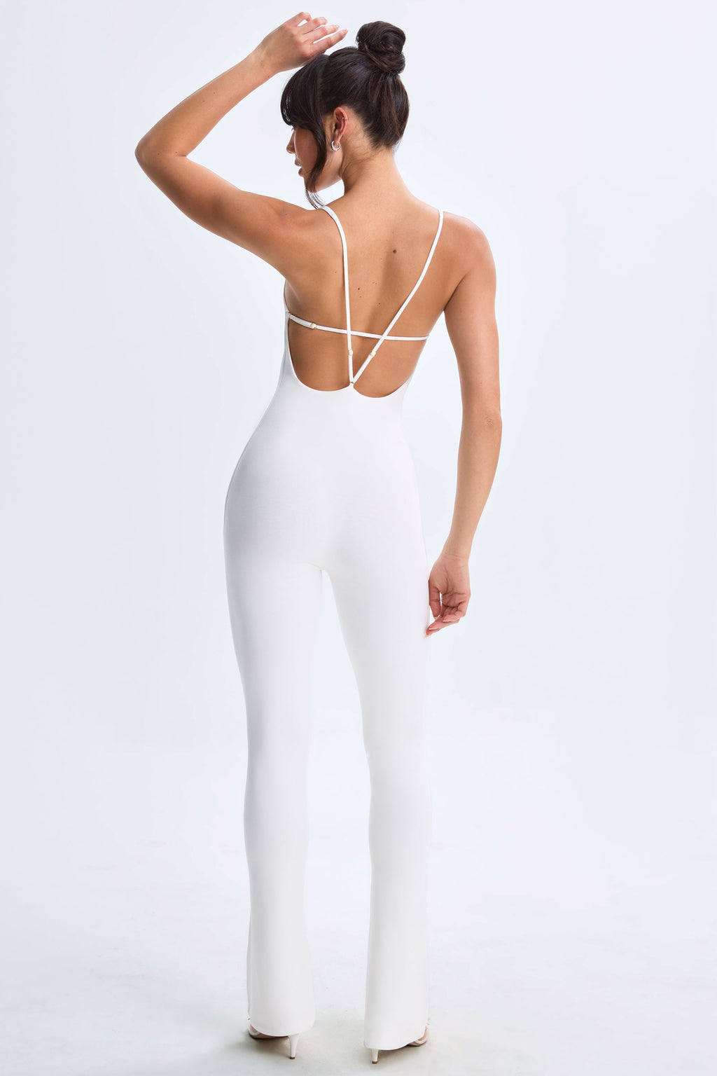 Chic Modal Plunge Open-Back Flared Jumpsuit in White