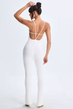 Chic Modal Plunge Open-Back Flared Jumpsuit in White