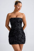 Chic Floral-Appliqué Bandeau A-Line Mini Dress in Black