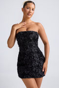 Chic Floral-Appliqué Bandeau A-Line Mini Dress in Black