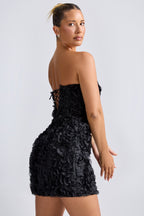 Chic Floral-Appliqué Bandeau A-Line Mini Dress in Black