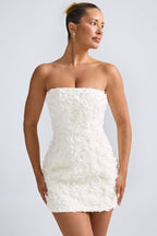 Chic Floral-Appliqué Bandeau A-Line Mini Dress in White