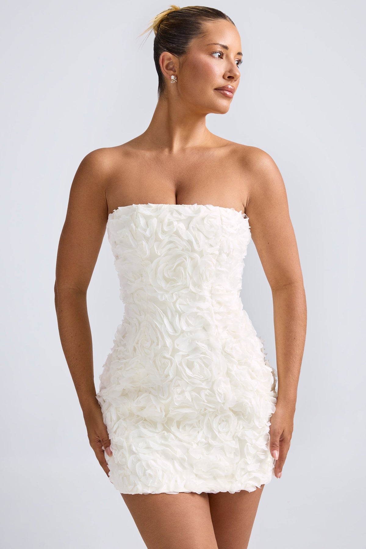 Chic Floral-Appliqué Bandeau A-Line Mini Dress in White