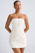 Chic Floral-Appliqué Bandeau A-Line Mini Dress in White