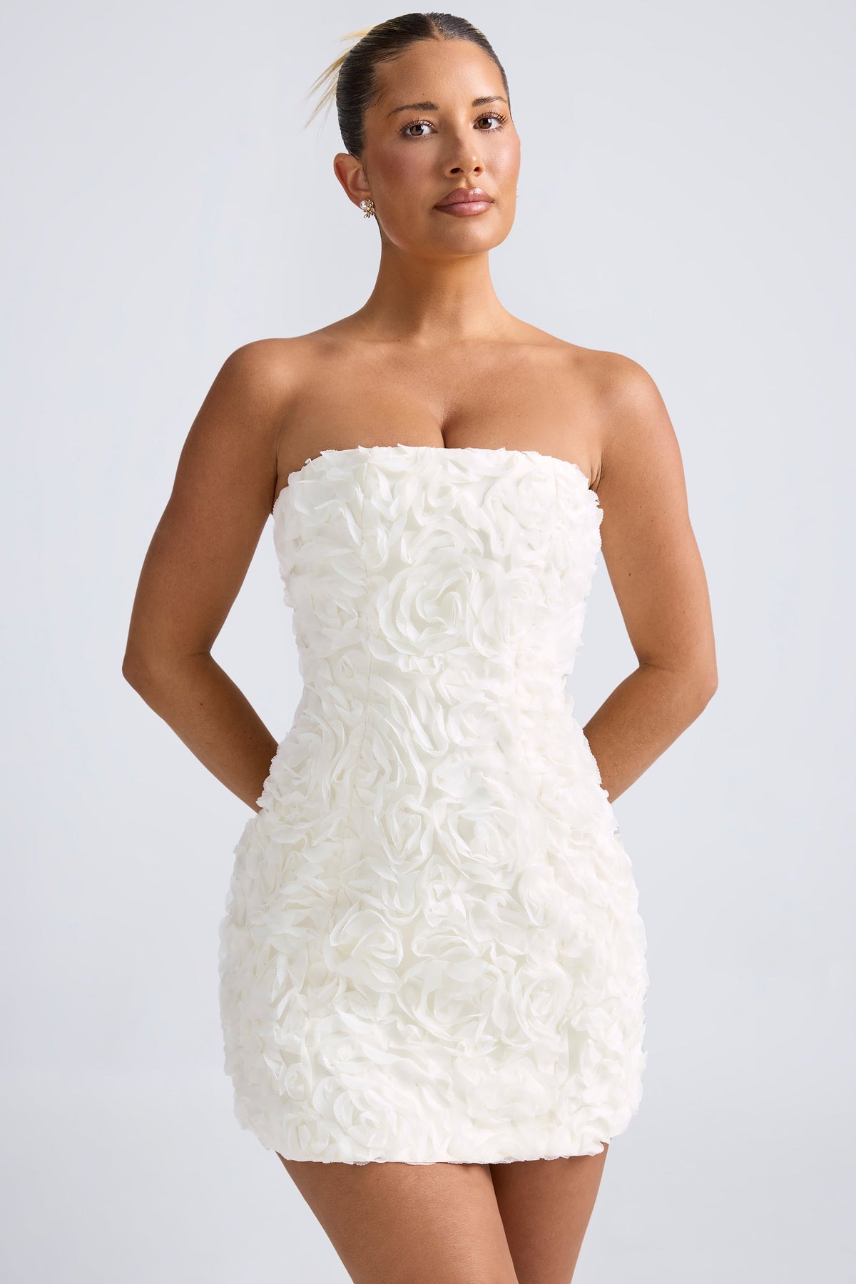 Chic Floral-Appliqué Bandeau A-Line Mini Dress in White
