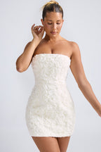 Chic Floral-Appliqué Bandeau A-Line Mini Dress in White