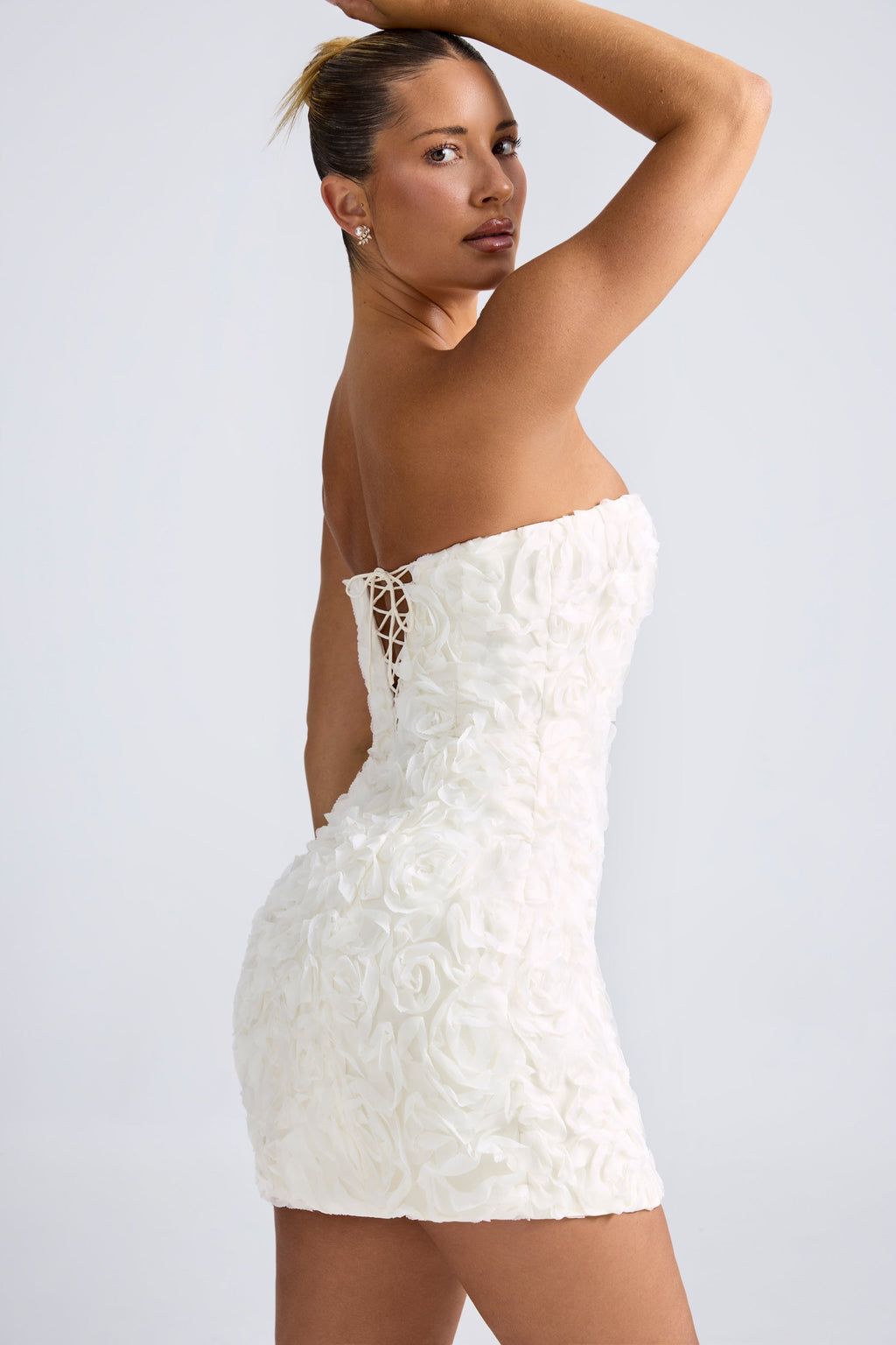 Chic Floral-Appliqué Bandeau A-Line Mini Dress in White