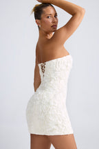 Chic Floral-Appliqué Bandeau A-Line Mini Dress in White