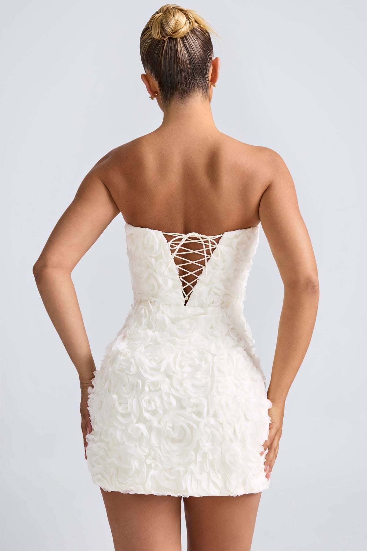 Chic Floral-Appliqué Bandeau A-Line Mini Dress in White