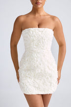 Chic Floral-Appliqué Bandeau A-Line Mini Dress in White