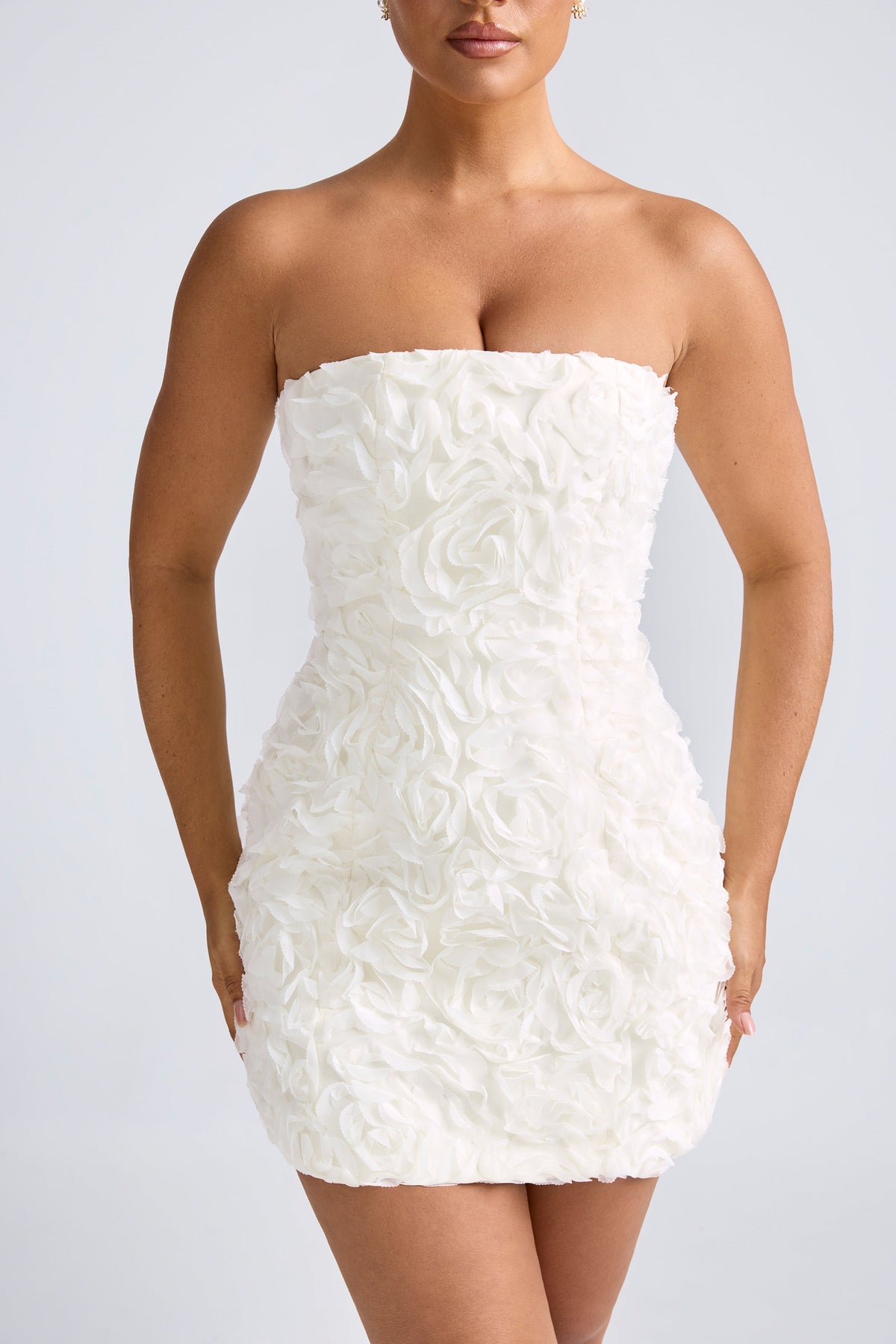 Chic Floral-Appliqué Bandeau A-Line Mini Dress in White