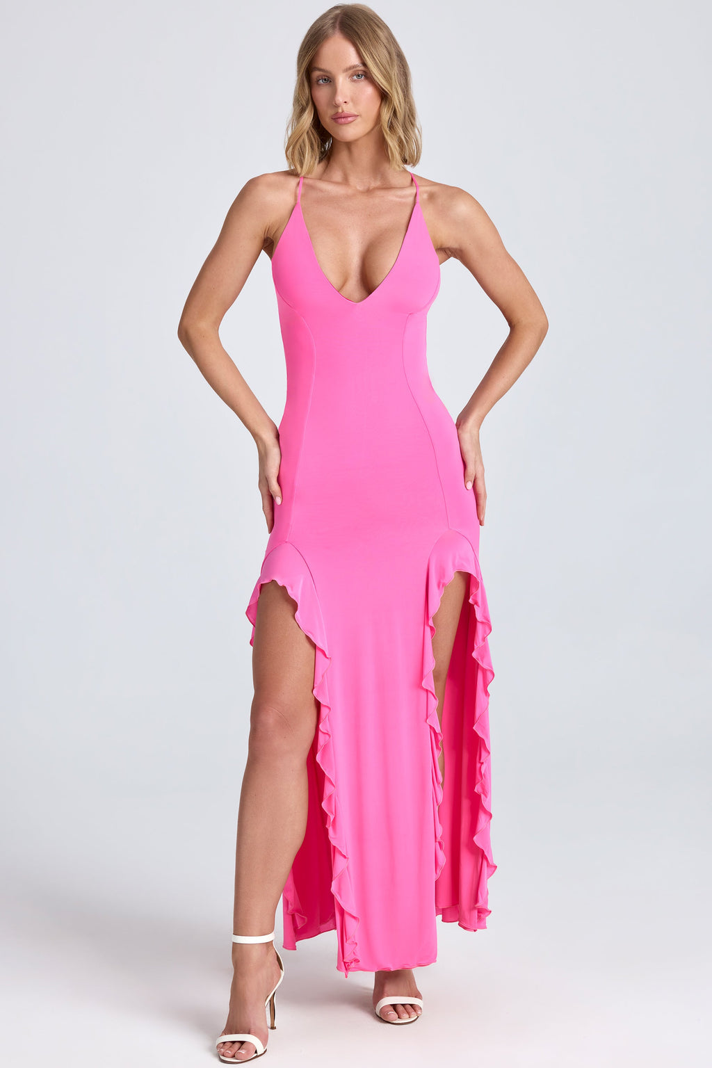 Chic Ruched Ruffle-Trim Maxi Dress in Lollipop Pink