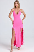 Chic Ruched Ruffle-Trim Maxi Dress in Lollipop Pink