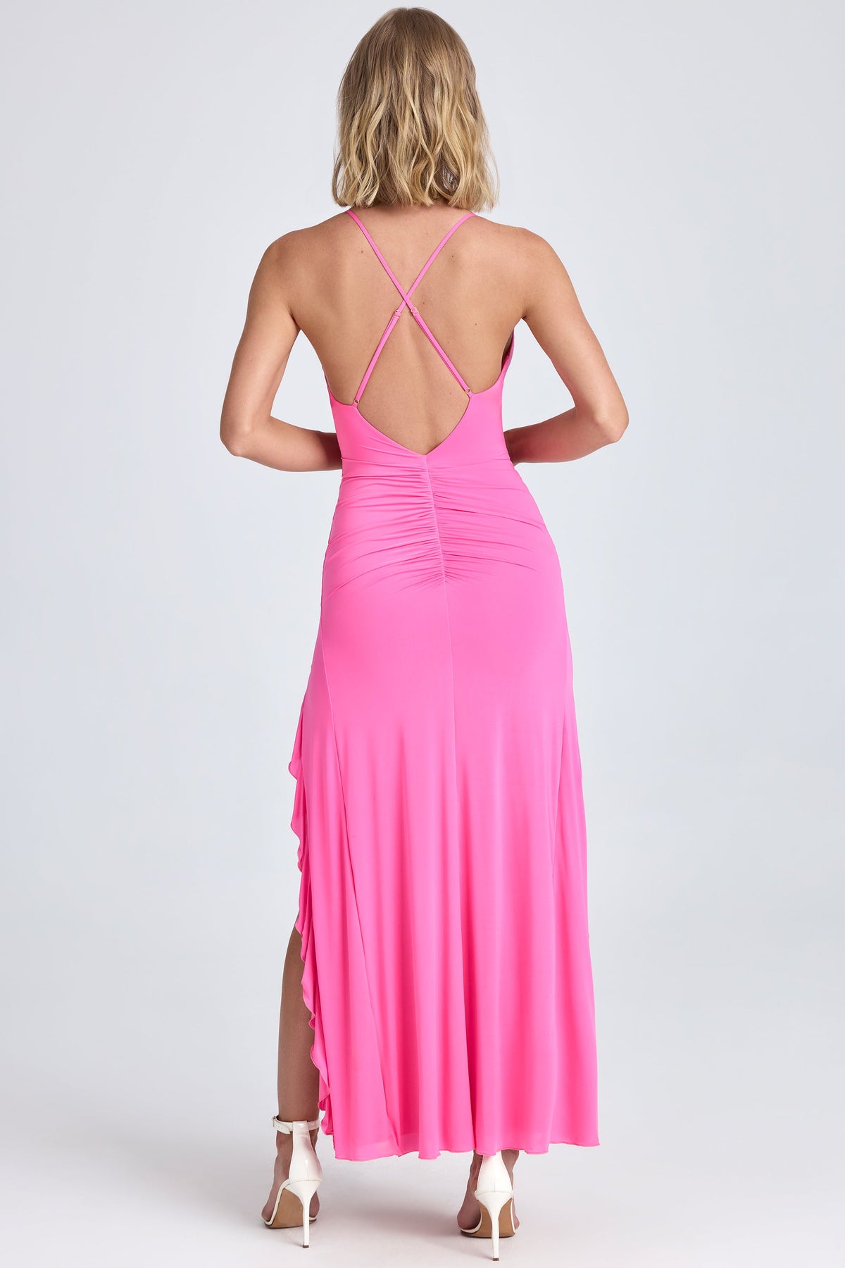 Chic Ruched Ruffle-Trim Maxi Dress in Lollipop Pink
