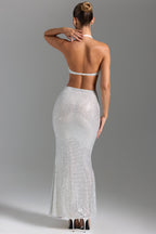 Chic Embellished Cut-Out Halterneck Maxi Dress in White