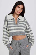 Chic Soft Knit Layered Collar Cropped Jumper in Grey Stripe