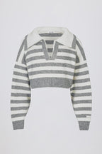 Chic Soft Knit Layered Collar Cropped Jumper in Grey Stripe