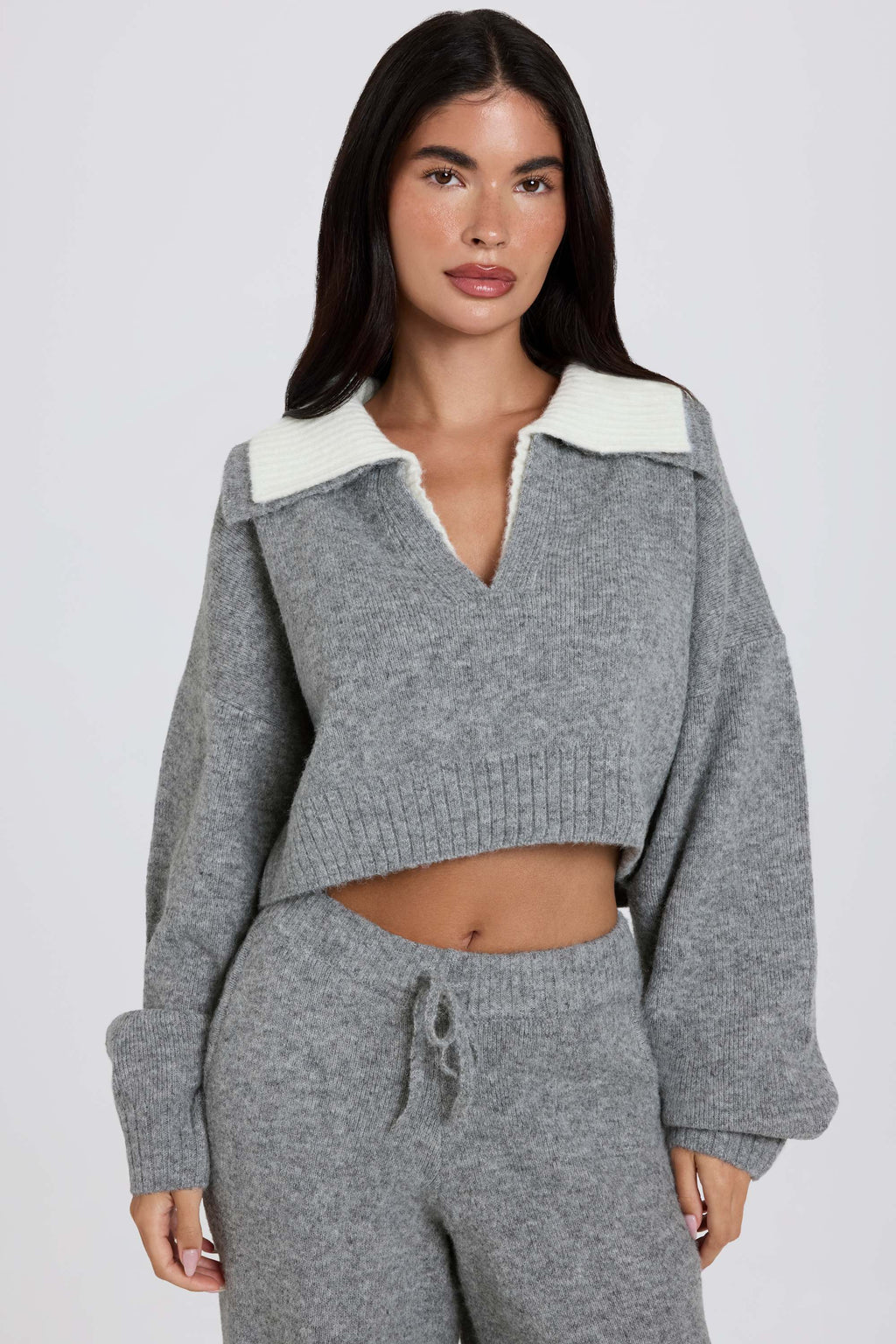 Chic Soft Knit Layered Collar Cropped Jumper in Grey