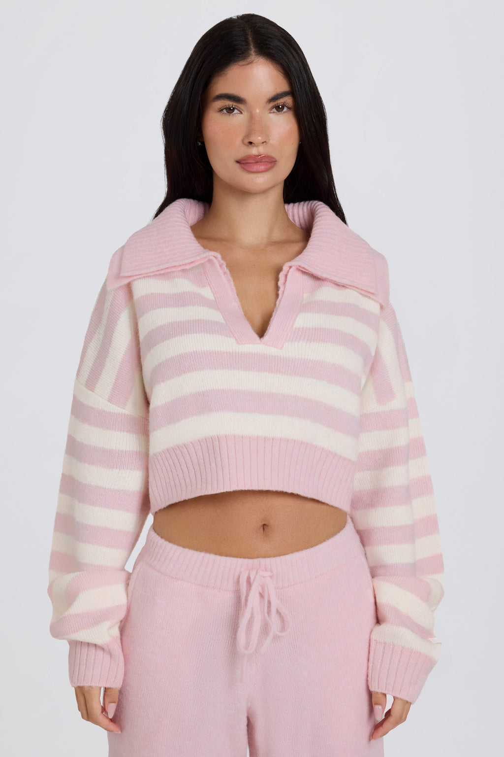 Chic Soft Knit Layered Collar Cropped Jumper in Pink Stripe