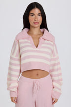 Chic Soft Knit Layered Collar Cropped Jumper in Pink Stripe