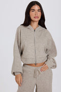 Chic Soft Knit Zip-Up Cropped Hoodie in Beige