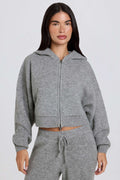 Chic Soft Knit Zip-Up Cropped Hoodie in Grey