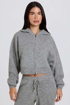 Chic Soft Knit Zip-Up Cropped Hoodie in Grey