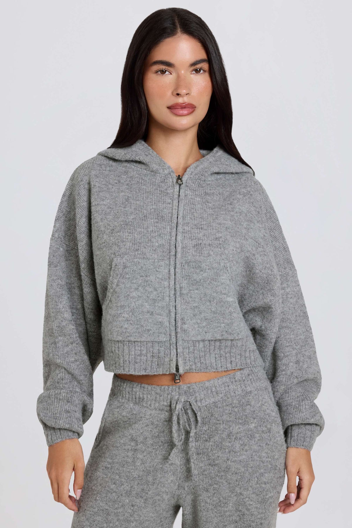 Chic Soft Knit Zip-Up Cropped Hoodie in Grey