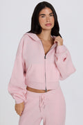 Chic Soft Knit Zip-Up Cropped Hoodie in Soft Pink