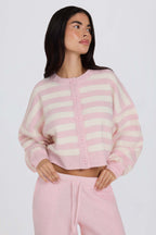 Chic Soft Knit Stripe Cropped Cardigan in Pink Stripe