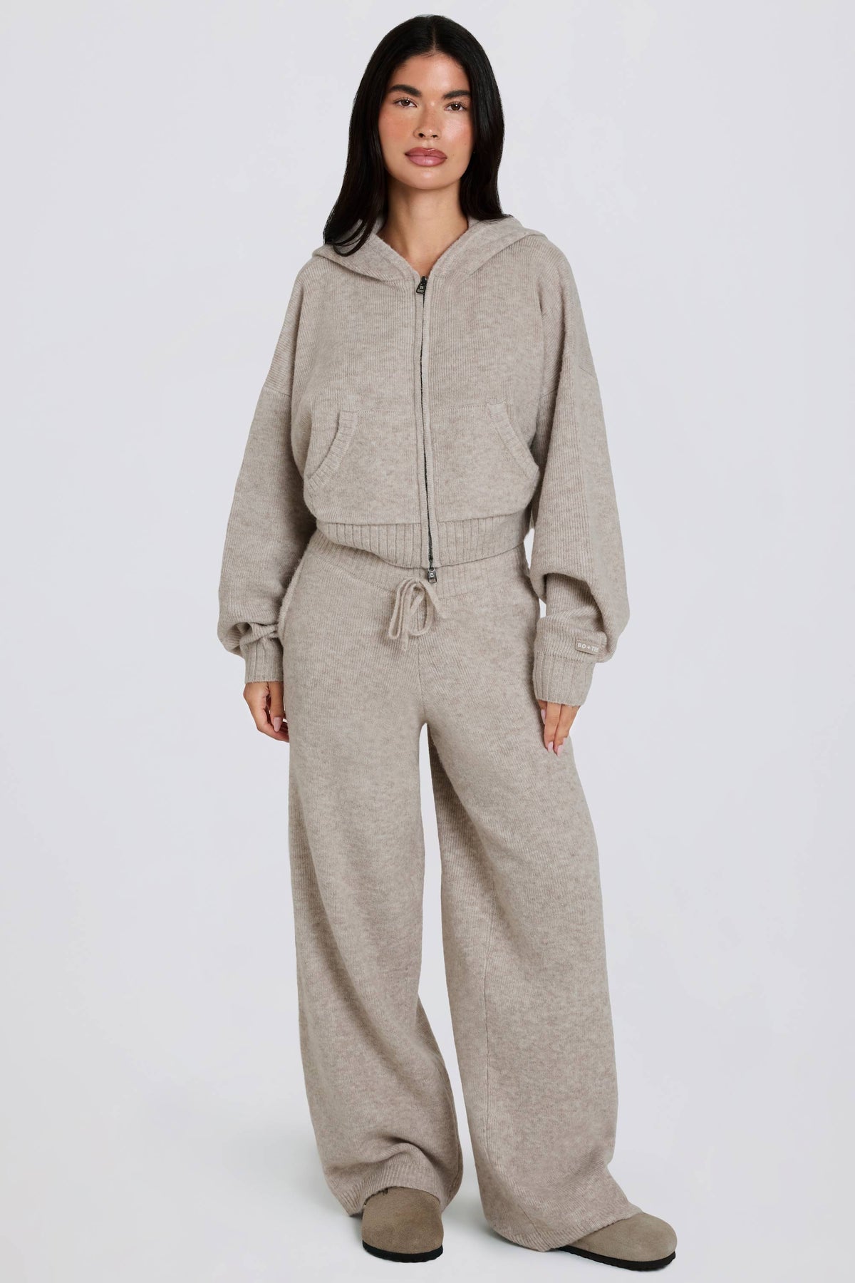 Chic Knit Mid-Rise Wide-Leg Joggers in Beige