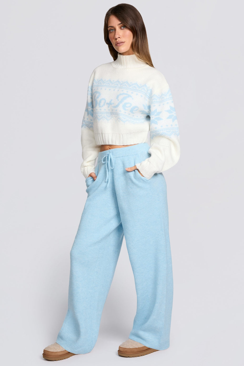 Chic Knit Mid-Rise Wide-Leg Joggers in Powder Blue