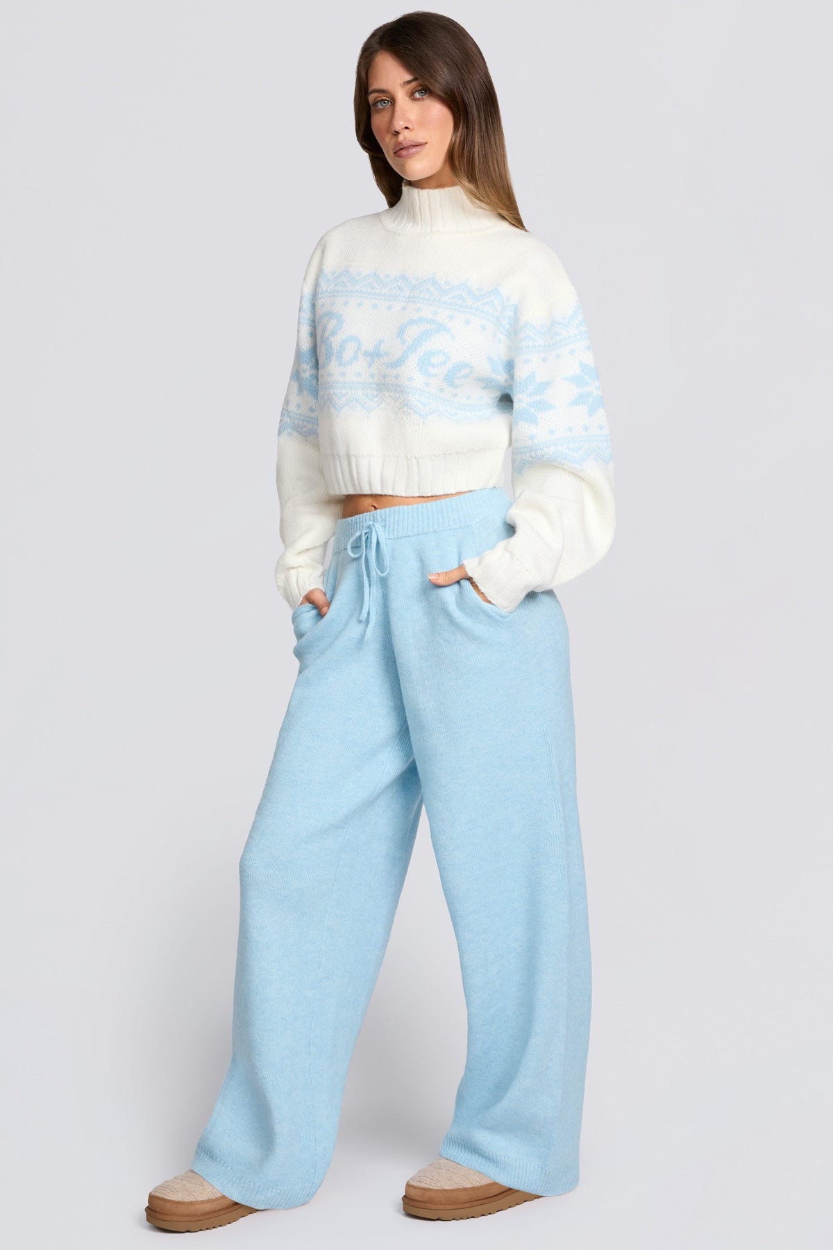 Chic Knit Mid-Rise Wide-Leg Joggers in Powder Blue