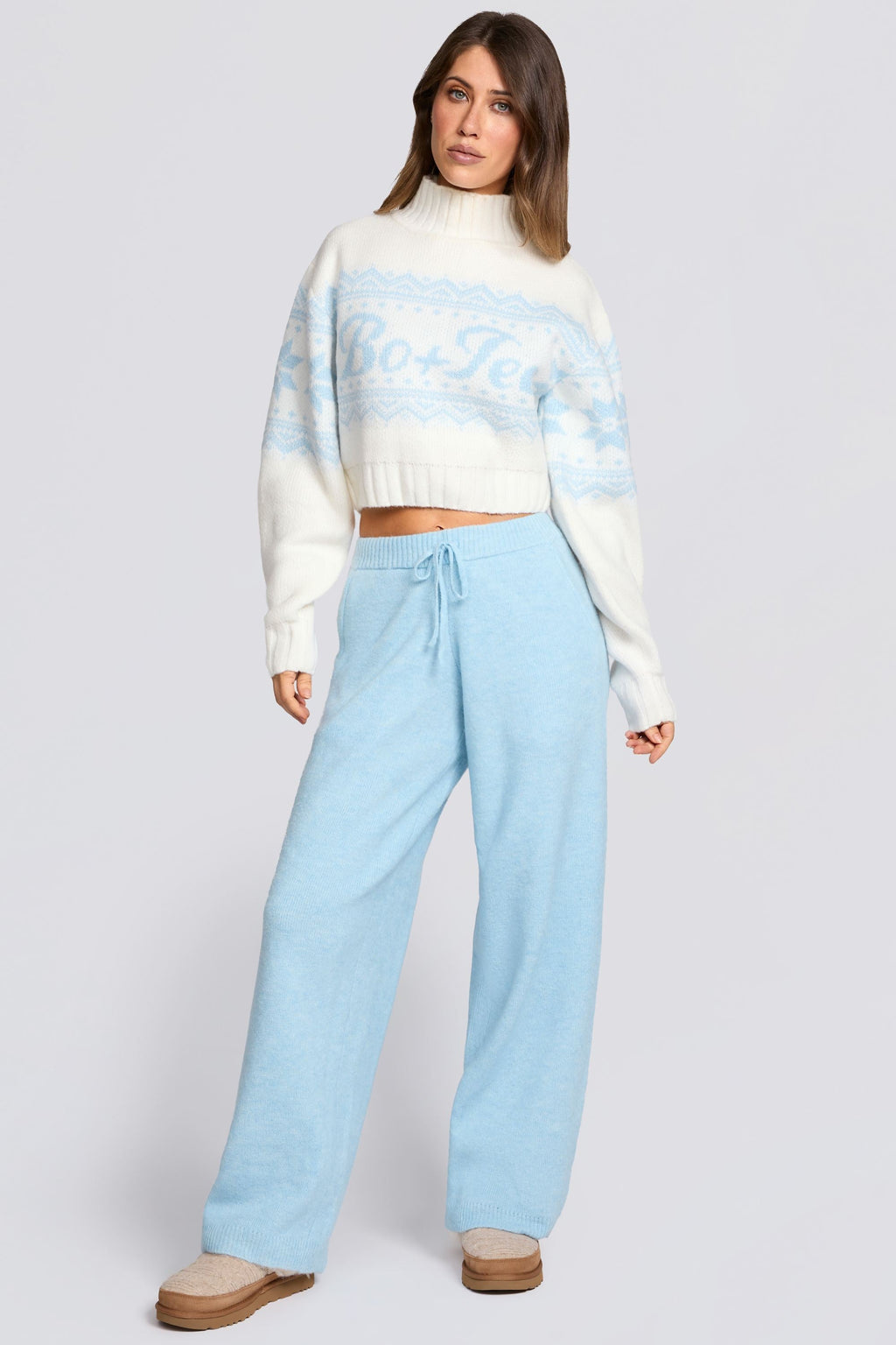 Chic Knit Mid-Rise Wide-Leg Joggers in Powder Blue