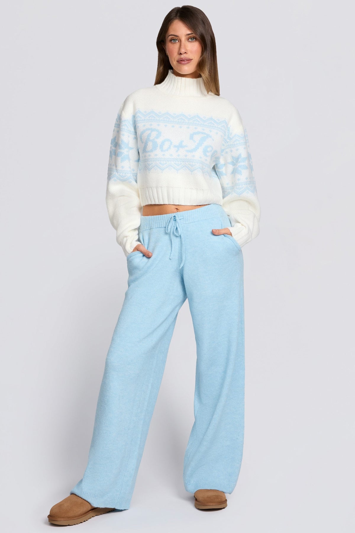 Chic Knit Mid-Rise Wide-Leg Joggers in Powder Blue
