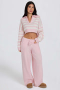 Chic Knit Mid-Rise Wide-Leg Joggers in Soft Pink