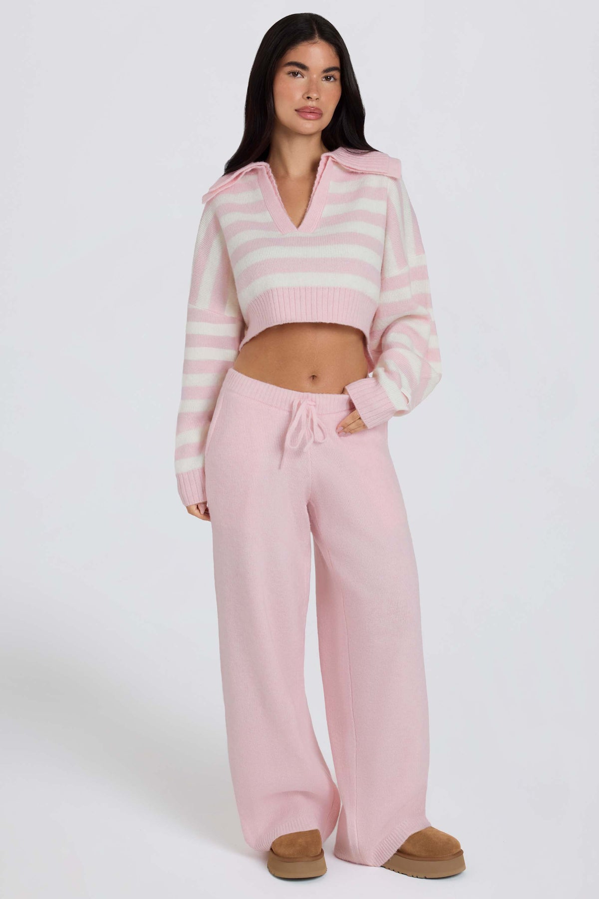 Chic Knit Mid-Rise Wide-Leg Joggers in Soft Pink