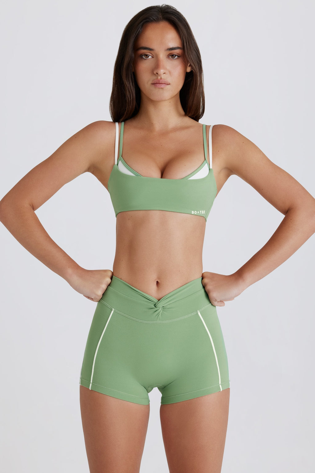 Chic Soft Active Twist-Front Mini Shorts in Jade