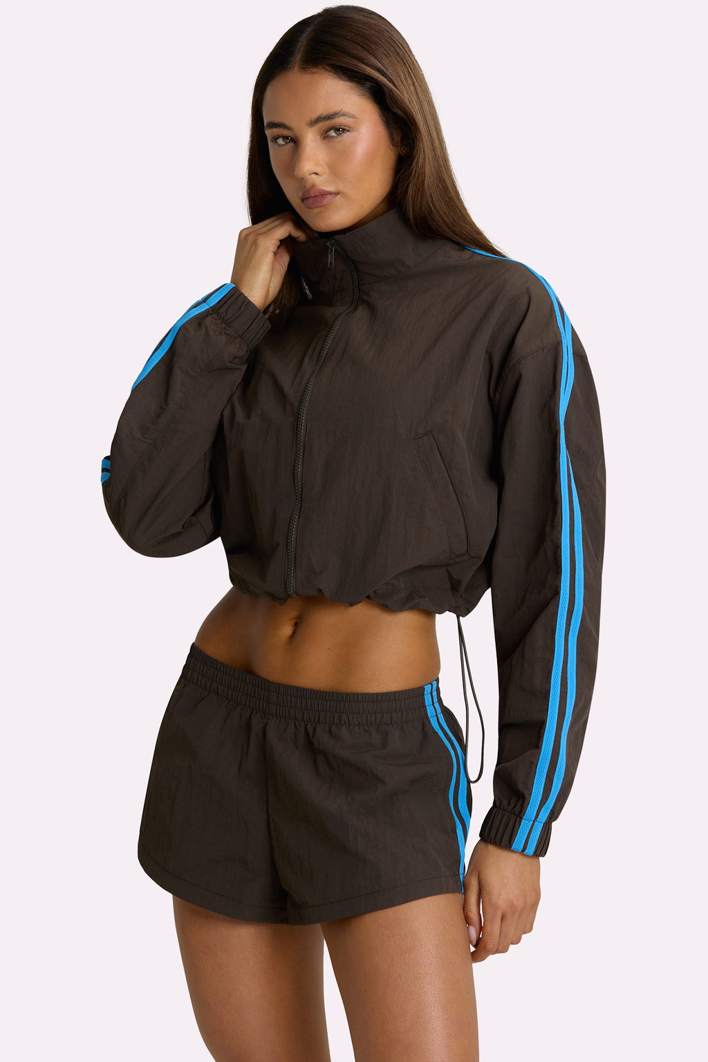Chic Woven Zip-Up Track Jacket in Truffle