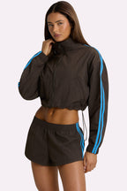 Chic Woven Zip-Up Track Jacket in Truffle