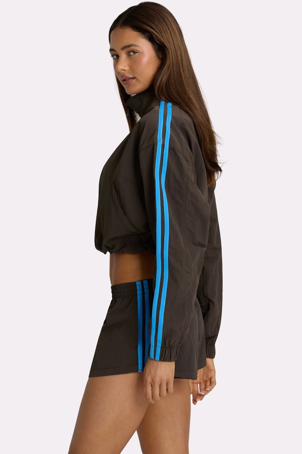 Chic Woven Zip-Up Track Jacket in Truffle