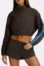 Chic Woven Zip-Up Track Jacket in Truffle