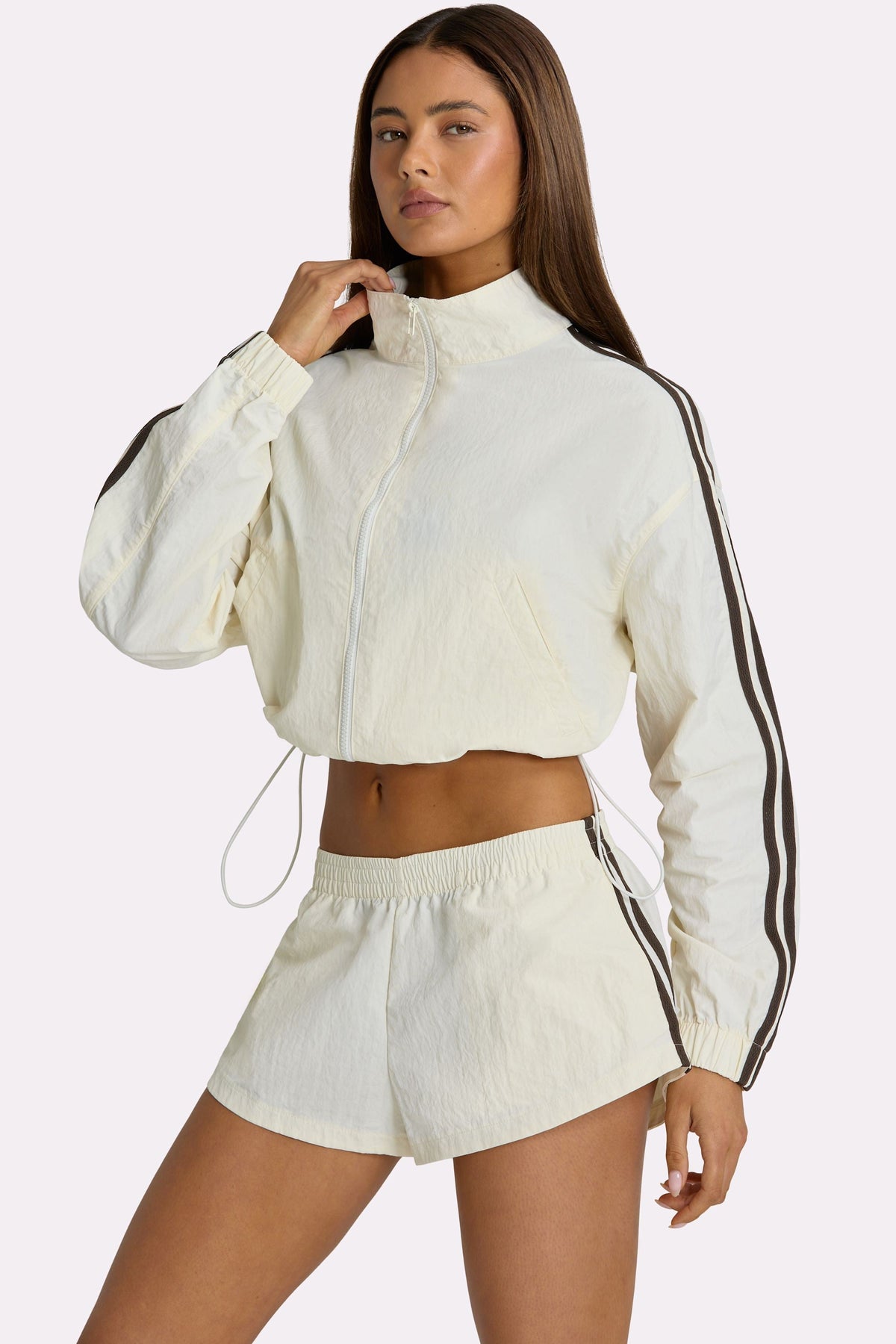 Chic Woven Zip-Up Track Jacket in Coconut