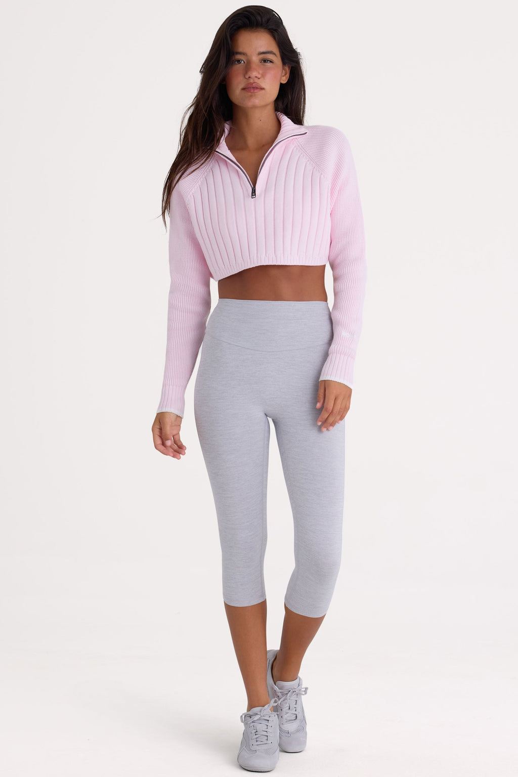 Chic Ribbed Knit Quarter-Zip Cropped Jumper in Powder Pink