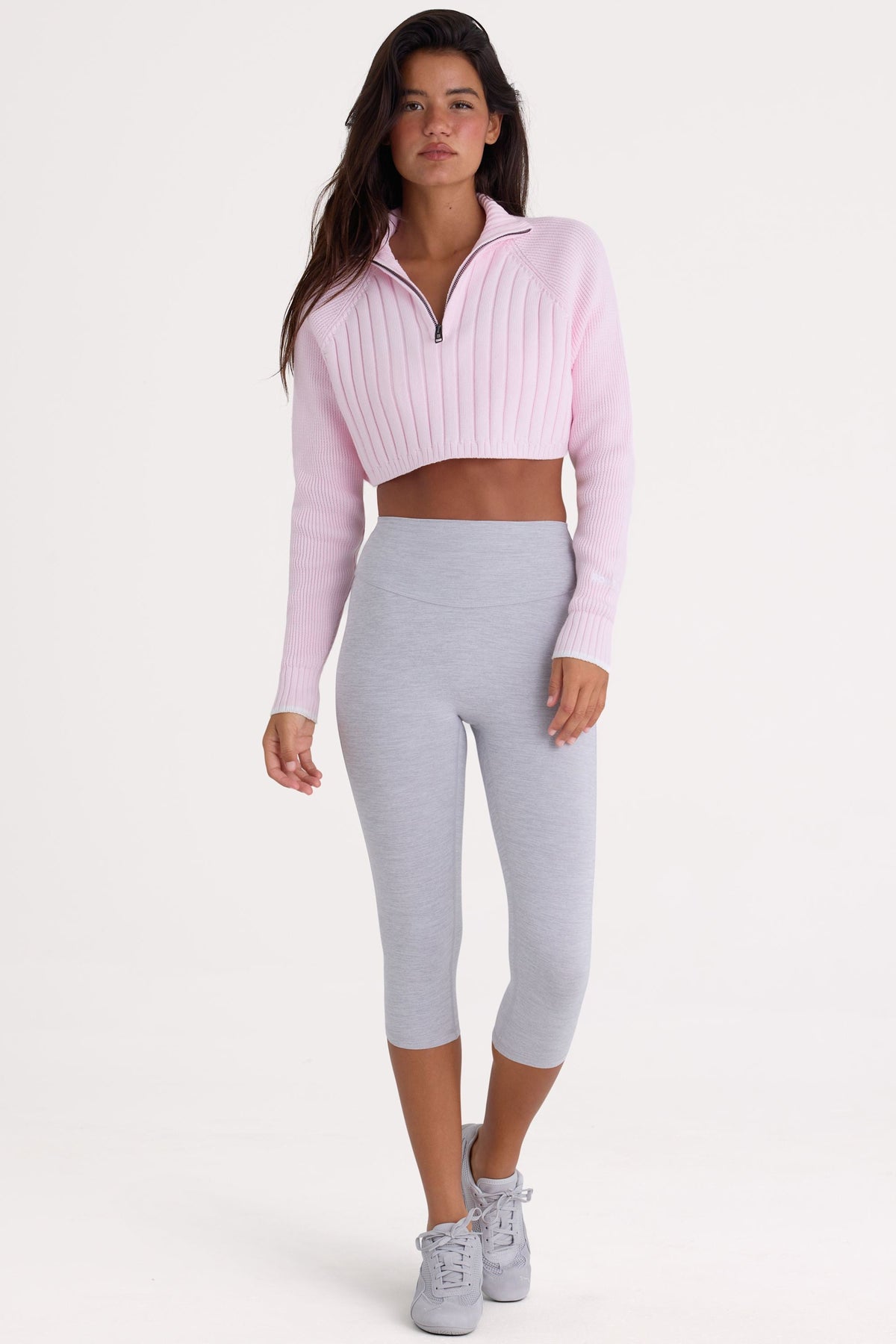 Chic Ribbed Knit Quarter-Zip Cropped Jumper in Powder Pink