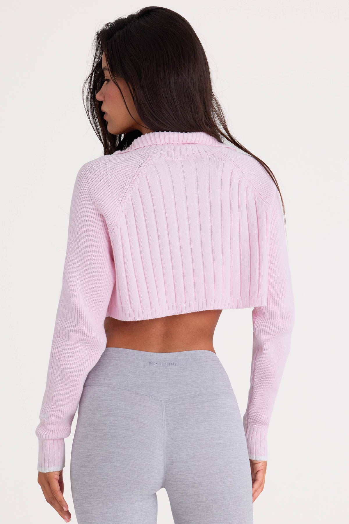Chic Ribbed Knit Quarter-Zip Cropped Jumper in Powder Pink