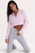 Chic Ribbed Knit Quarter-Zip Cropped Jumper in Powder Pink