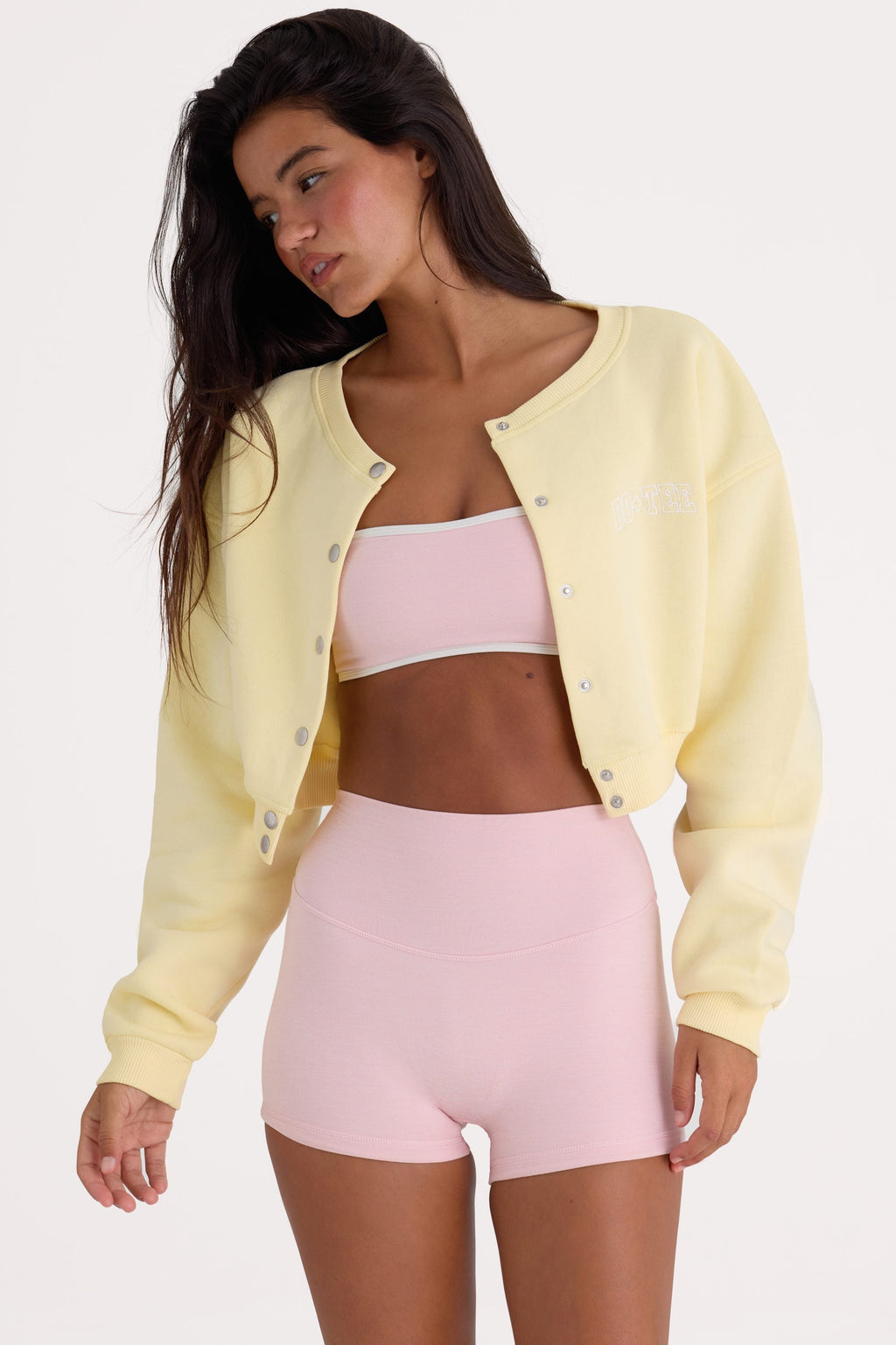 Chic Brushed Jersey Button-Up Cropped Cardigan in Lemon